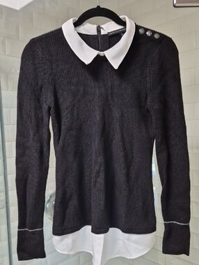 WHBM Black Knit Sweater With White Faux Blouse Collar And Shirttail Sz S